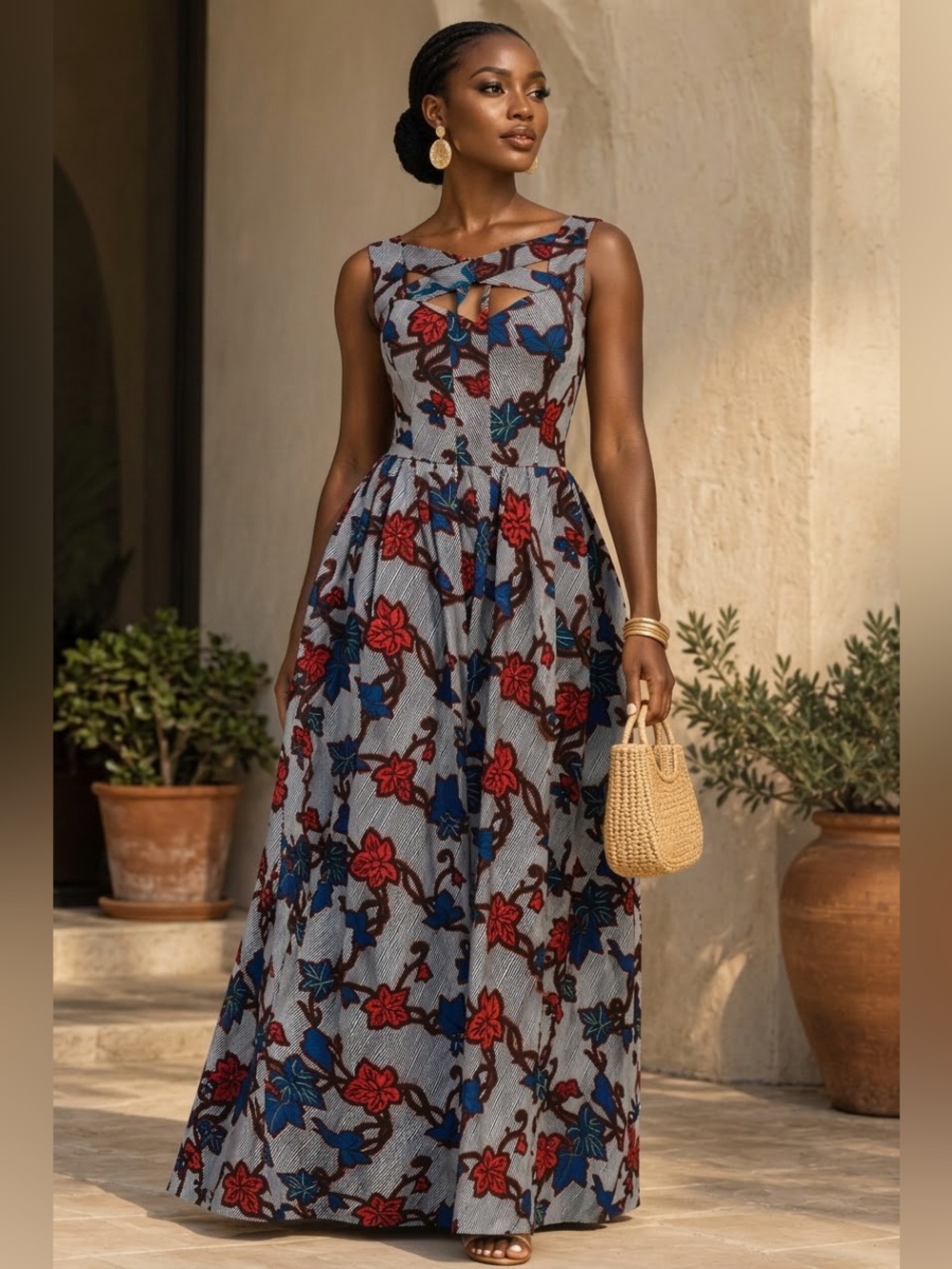 Custom Ankara Cutout Maxi Dress Small African Wax Print Fit & Flare Vintage Vibe